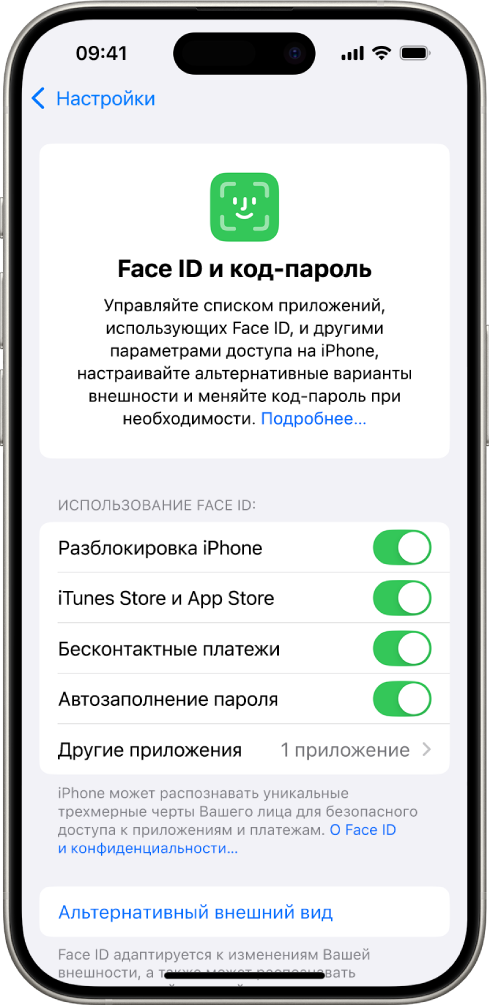 Экран iPhone, на котором объяснено, для чего предназначена функция Face ID, например: для разблокировки iPhone, использования iTunes и App Store, Wallet и Apple Pay, а также для автозаполнения паролей.