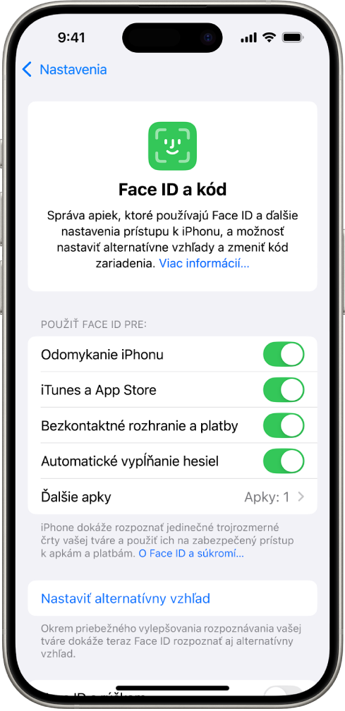 Obrazovka Face ID na iPhone s informáciami o tom, na čo sa dá Face ID použiť – napríklad na odomykanie iPhonu, na potvrdzovanie platieb v iTunes, App Store, Peňaženke a Apple Pay alebo na automatické vypĺňanie hesiel.