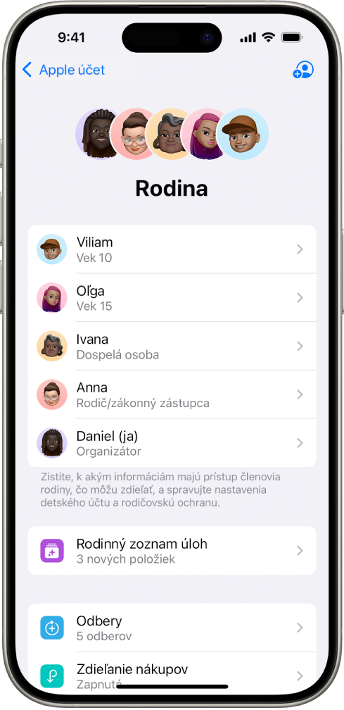 Obrazovka Rodinné zdieľanie v Nastaveniach. Zobrazujú sa piati členovia rodiny a štyri odbery zdieľané v rámci rodiny.