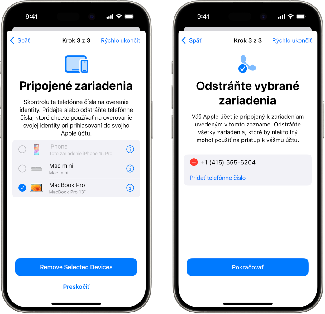 Tve obrazovky iPhonu zobrazujúce (1) vybrané zariadenie na odstránenie z dôveryhodných zariadení a (2) obrazovku na úpravu dôveryhodných telefónnych čísel.