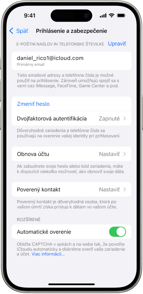 Obrazovka iPhonu s vypnutou dvojfaktorovou autentifikáciou.