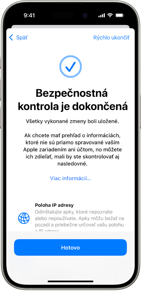 Obrazovka bezpečnostnej kontroly, na ktorej je uvedené, že bezpečnostná kontrola je dokončená.