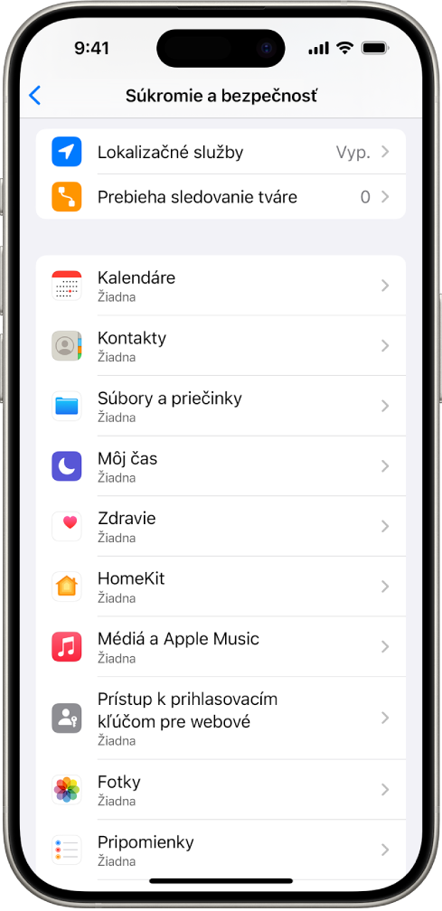 iPhone s obrazovkou Súkromie a bezpečnosť v Nastaveniach.