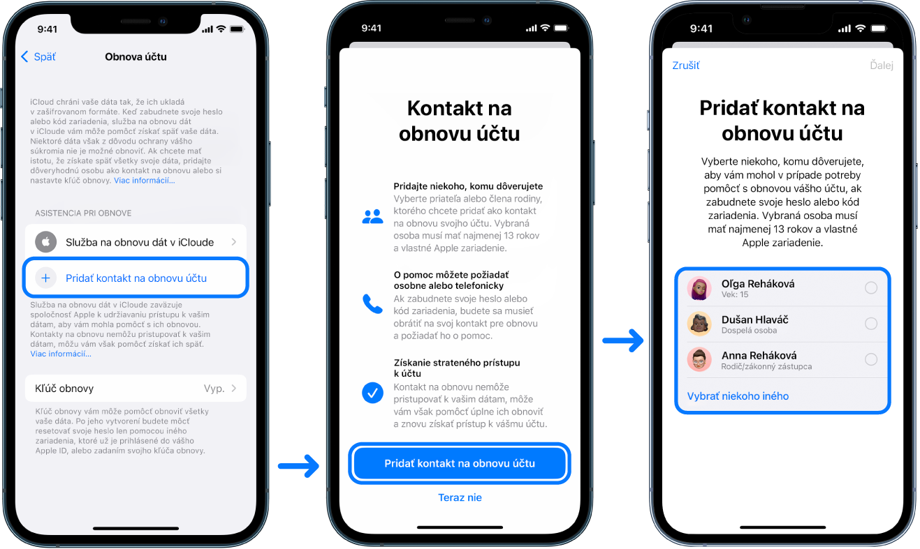 Tri obrazovky iPhonu zobrazujúce, ako pridať kontakty na obnovu účtu.