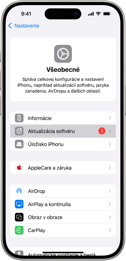 Obrazovka iPhonu s informáciou, že je dostupná aktualizácia softvéru.