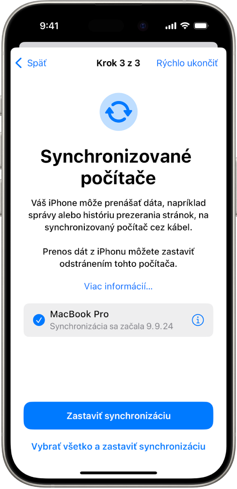 iPhone s obrazovkou Synchronizované počítače.
