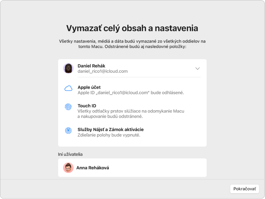 Okno Macu zobrazujúce asistenta vymazaním celého obsahu a nastavení.