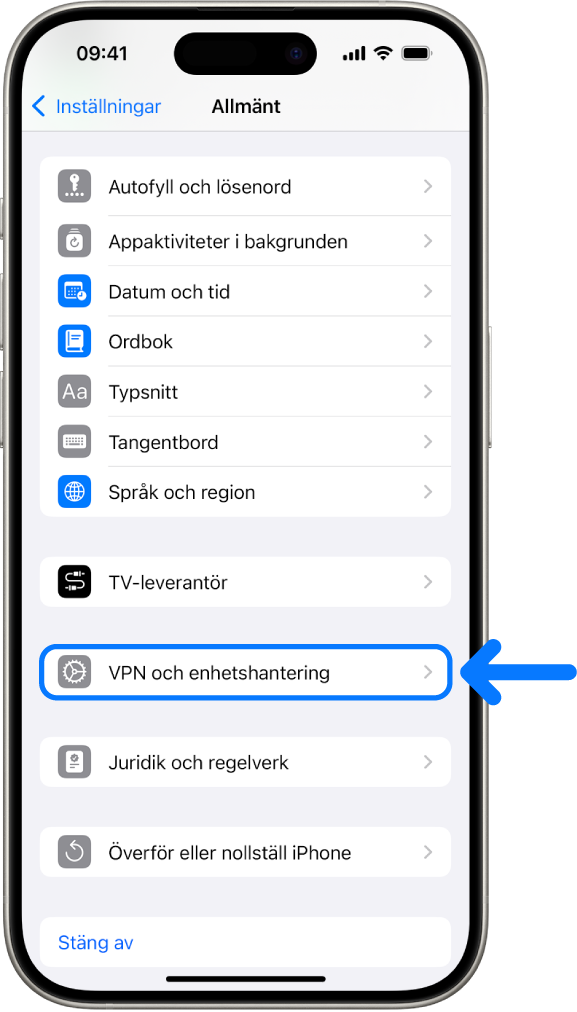 En iPhone-skärm som visar att VPN och enhetshantering är markerat.