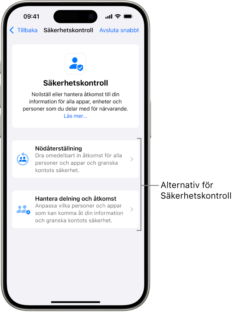 En skärm som visar de två alternativ som finns i Säkerhetskontroll: Nödåterställning och Hantera delning och åtkomst.