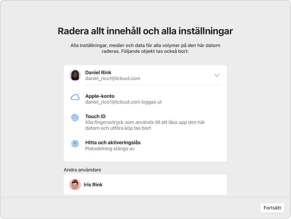 Ett Mac-fönster visar assistenten för radering av allt innehåll och alla inställningar.