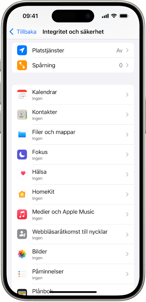 En iPhone visar skärmen Integritet och säkerhet i Inställningar.