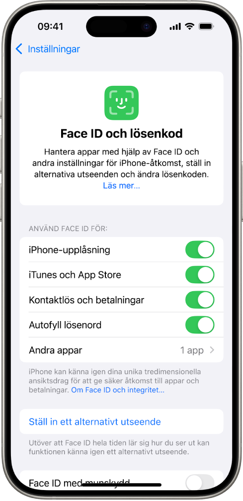 iPhones Face ID-skärm visar vad Face ID kan användas till, exempelvis som iPhone-upplåsning, för iTunes och App Store, Plånbok och Apple Pay samt Autofyll lösenord.