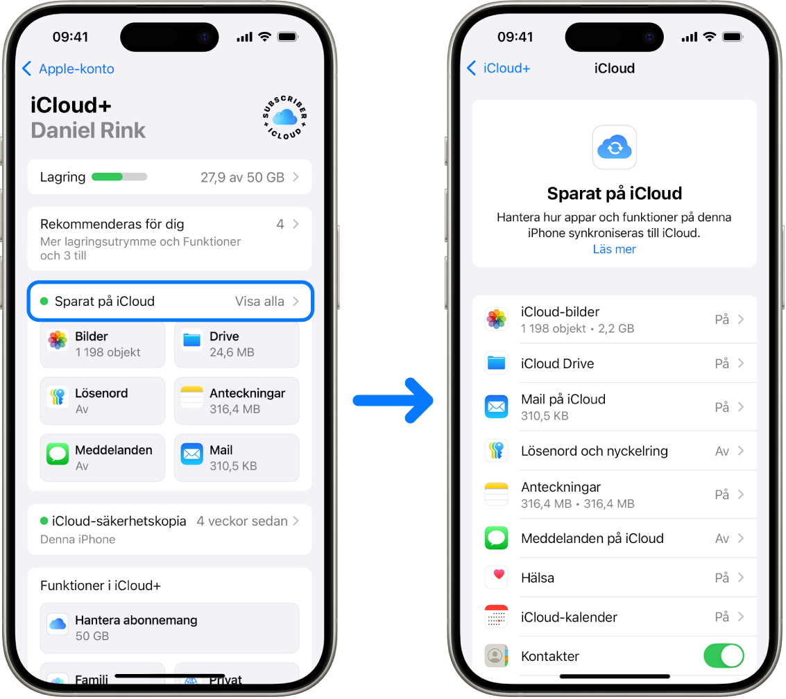 En iPhone visar ett Apple-konto som är inloggat med olika iCloud-tjänster aktiverade.