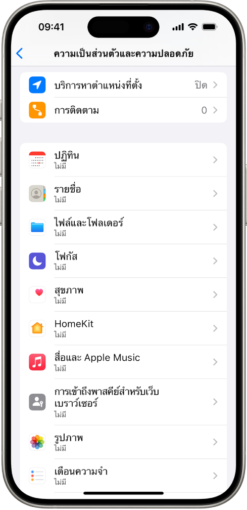 iPhone ที่แสดงหน้าจอความเป็นส่วนตัวและความปลอดภัยในการตั้งค่า