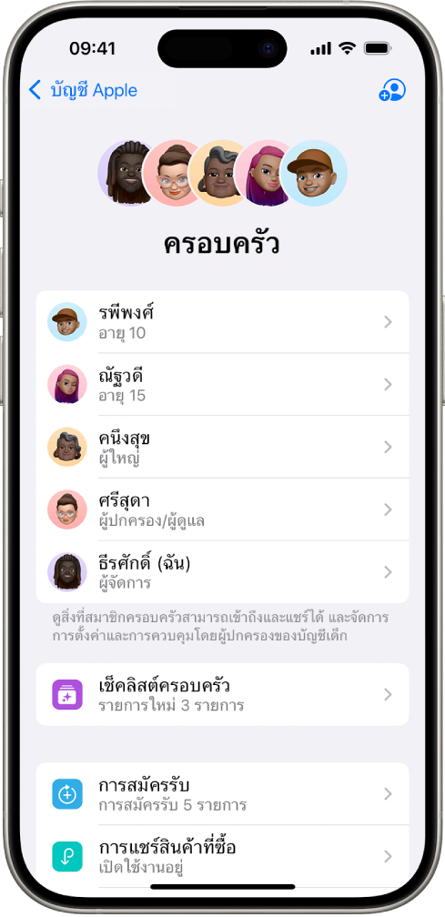 หน้าจอการแชร์กันในครอบครัวในการตั้งค่า สมาชิกครอบครัวห้าคนแสดงอยู่ และการสมัครรับสี่รายการถูกแชร์กับครอบครัว