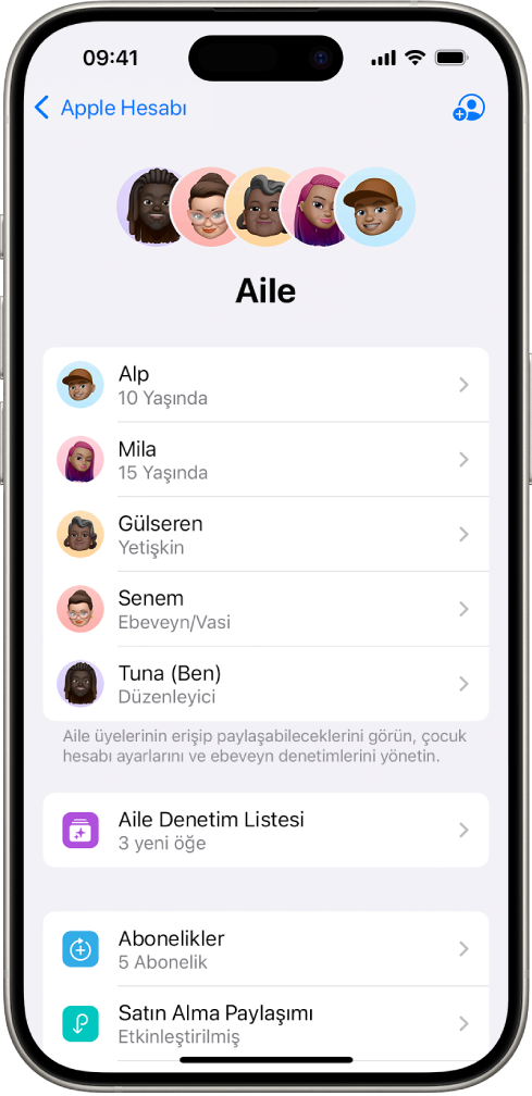 Ayarlar’daki Aile Paylaşımı ekranı. Beş aile üyesi listeleniyor ve dört abonelik aile ile paylaşılıyor.