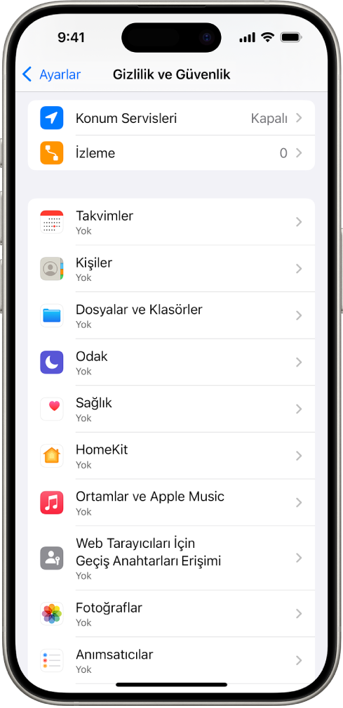 Ayarlar’da Gizlilik ve Güvenlik ekranını gösteren bir iPhone.