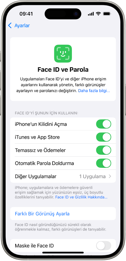 Face ID’nin neler için kullanılabileceğini (iPhone’un Kilidini Açma, iTunes ve App Store, Cüzdan ve Apple Pay ve Otomatik Parola Doldurma gibi) gösteren iPhone Face ID ekranı.