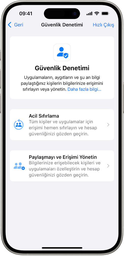 Güvenlik Denetimi ekranını gösteren bir iPhone.