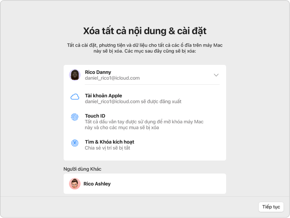Một cửa sổ máy Mac đang hiển thị Trợ lý Xóa tất cả nội dung và cài đặt.