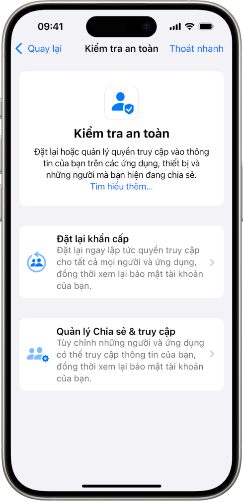 Một iPhone đang hiển thị màn hình Kiểm tra an toàn.