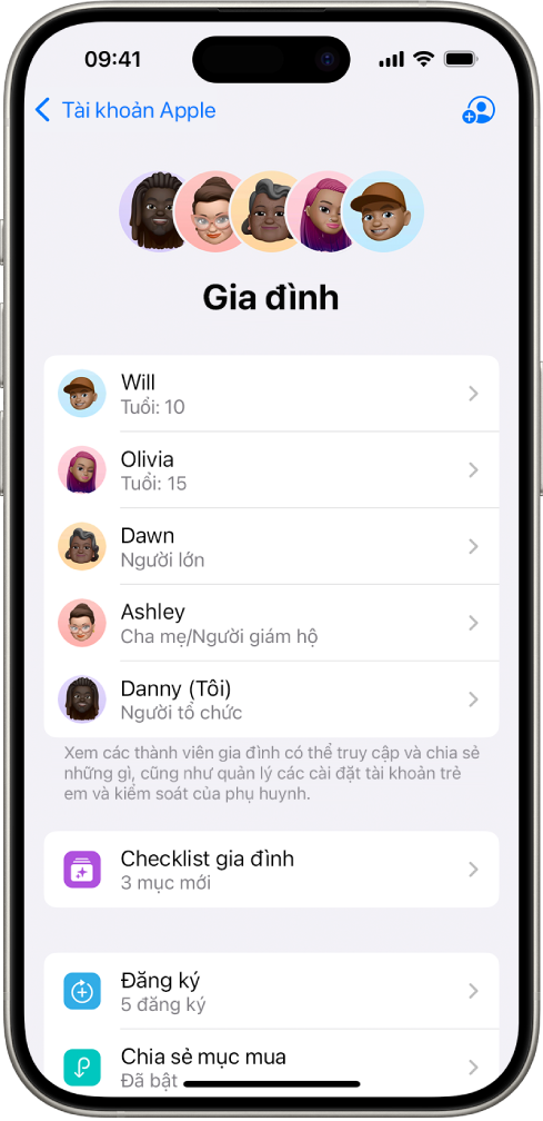 Màn hình Chia sẻ trong gia đình trong Cài đặt. Năm thành viên gia đình được liệt kê và bốn đăng ký được chia sẻ với gia đình.