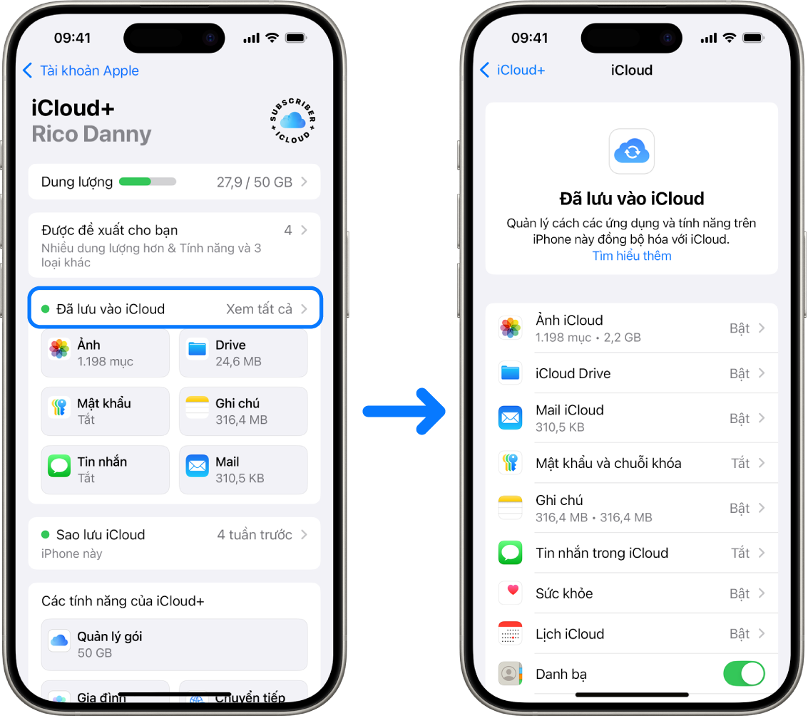 Một iPhone đang hiển thị một Tài khoản Apple được đăng nhập với nhiều dịch vụ iCloud được bật.