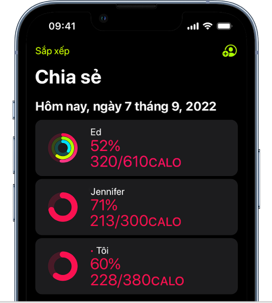 Một màn hình iPhone đang hiển thị dữ liệu hoạt động được chia sẻ với hai người khác.