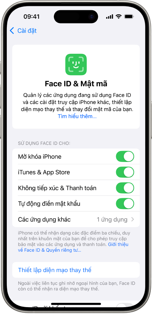 Màn hình Face ID của iPhone đang cho thấy Face ID có thể được sử dụng cho những tính năng gì, ví dụ như Mở khóa iPhone, iTunes & App Store, Ví & Apple Pay và Tự động điền mật khẩu.