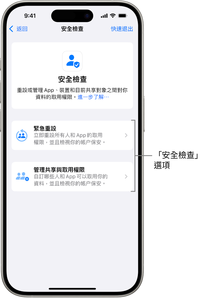 畫面顯示「安全檢查」提供的兩個選項:「緊急重設」和「管理共享與取用權限」。