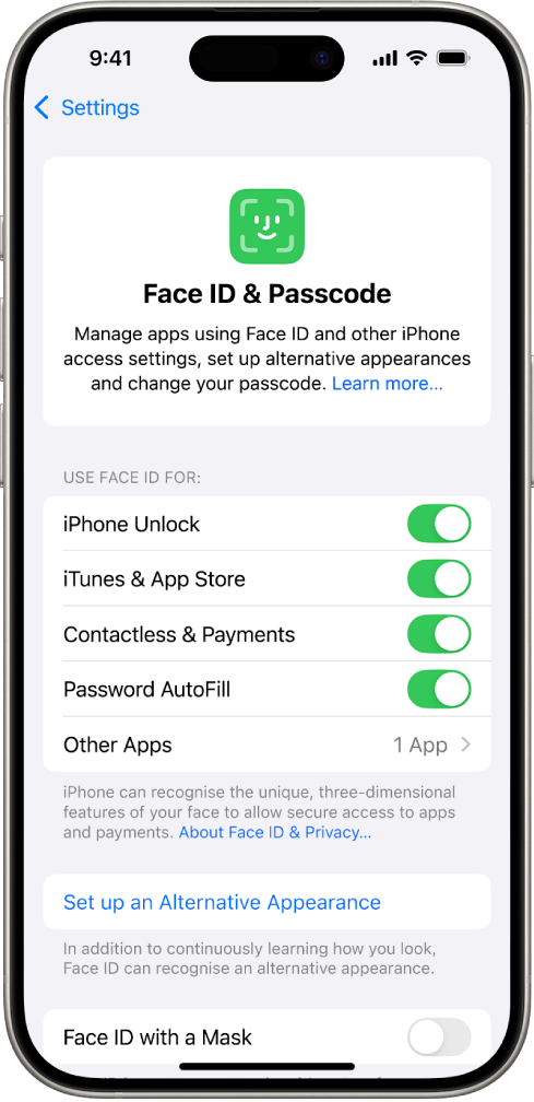 The iPhone Face ID screen showing what Face ID can be used for, such as iPhone Unlock, iTunes & App Store, Wallet & Apple Pay, and Password AutoFill.