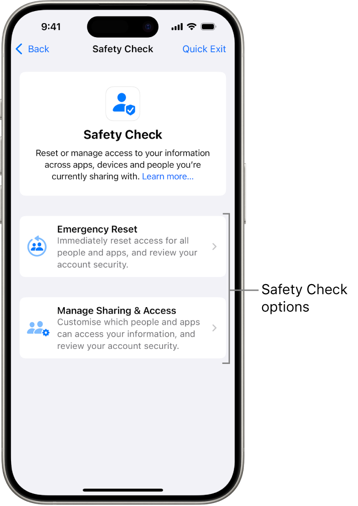 A screen showing the two options available with Safety Check: Emergency Reset and Manage Sharing & Access.