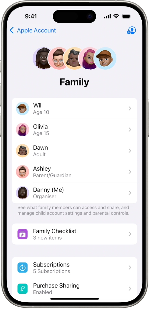 The Family Sharing screen in Settings. Five family members are listed and four subscriptions are shared with the family.