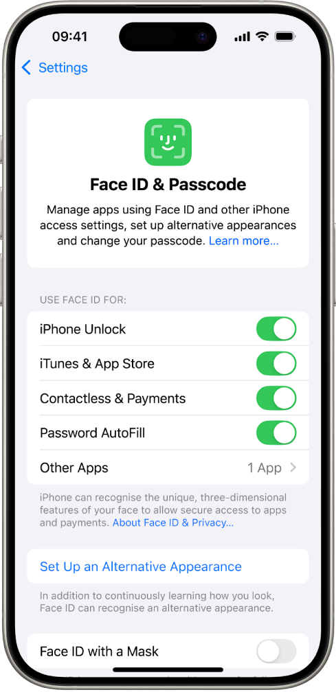 The iPhone Face ID screen showing what Face ID can be used for, such as iPhone Unlock, iTunes & App Store, Wallet & Apple Pay and Password AutoFill.