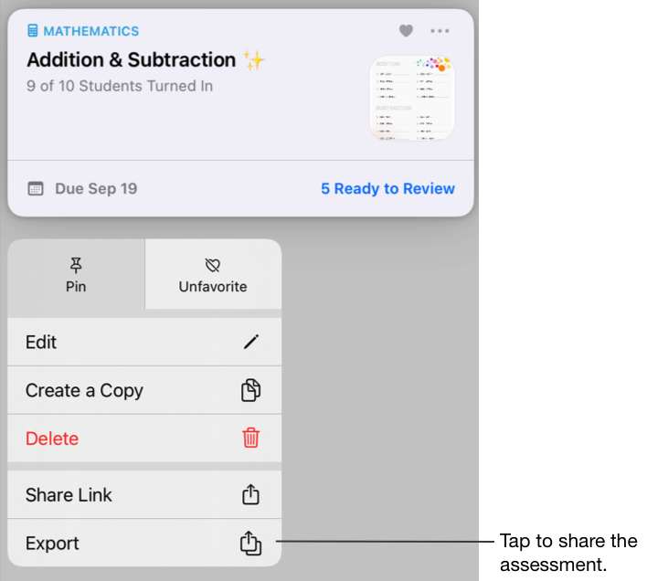 A sample of an assessment card. Tap Export to share the assessment.