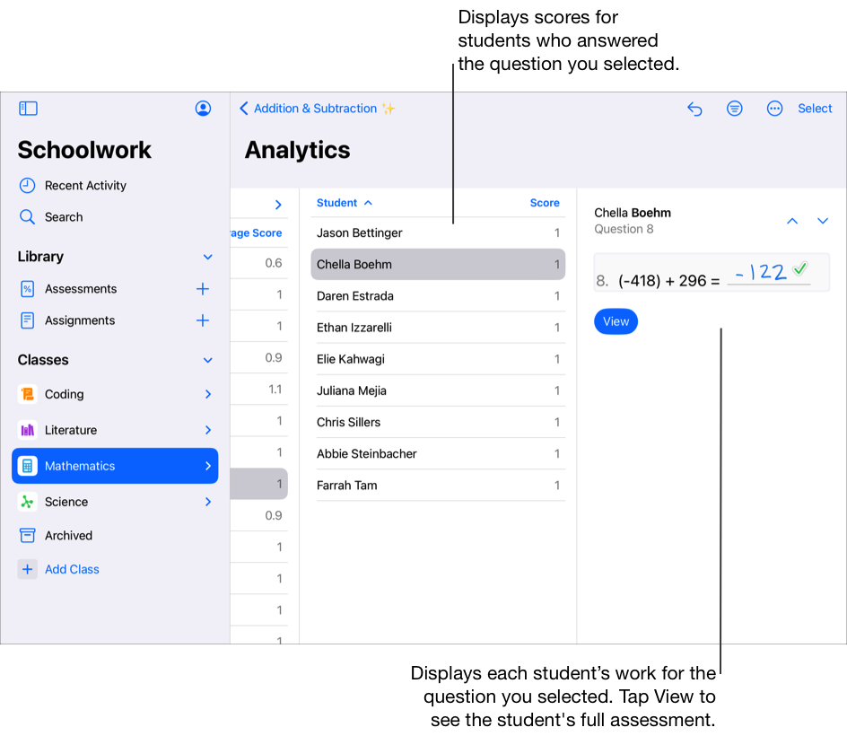A sample Analytics view displaying scores for students who answered the question you selected. You can also view each student’s work for the question you selected, then tap View to see the student’s full assessment.