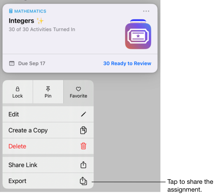 A sample of an assignment card. Tap Export to share the assignment.