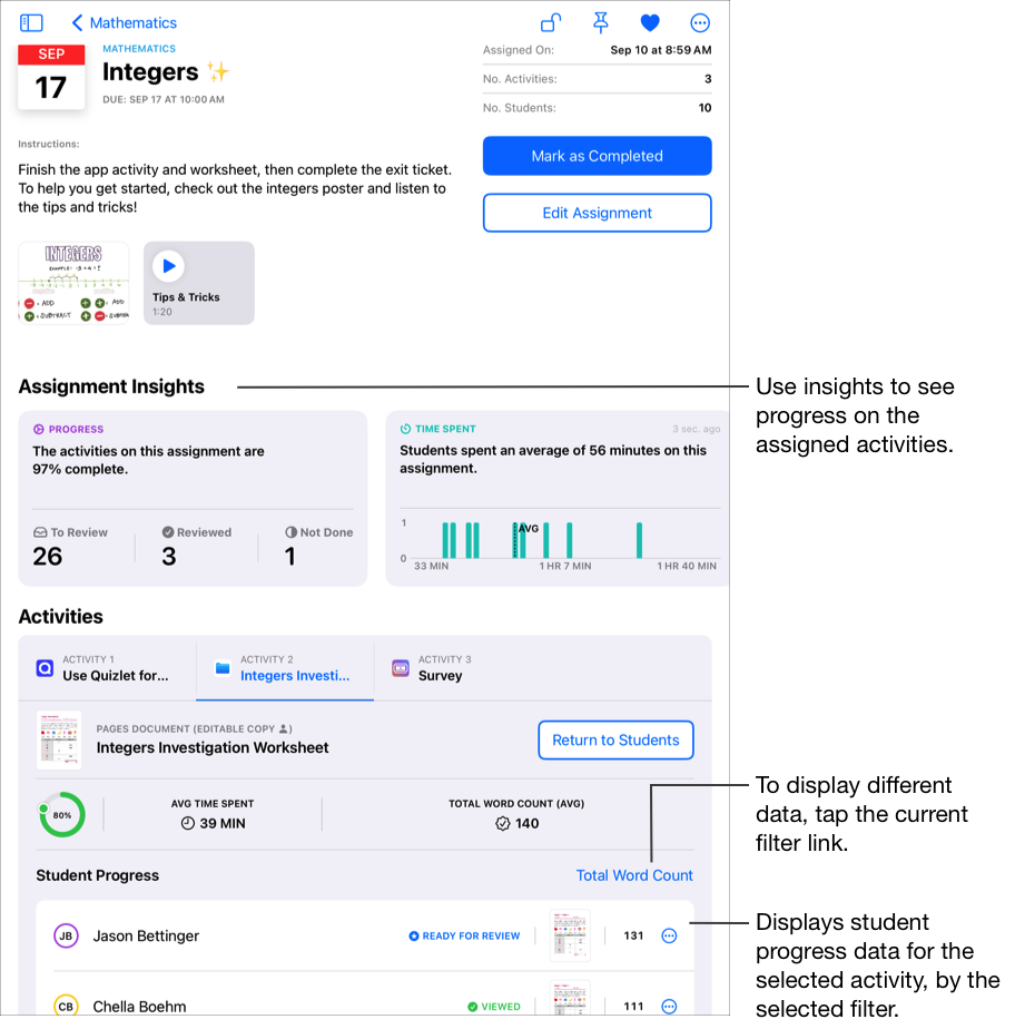 Un ejemplo de una vista de detalles de la tarea donde se ven los datos detallados del progreso en la actividad seleccionada, incluidos el porcentaje completado, la media de tiempo dedicado y la media del recuento total de palabras de la clase. En el apartado “Progreso del estudiante”, Tareas de Clase muestra los datos de progreso de los estudiantes en la actividad seleccionada, según el filtro aplicado (por ejemplo, “Tiempo dedicado”). Para ver otros datos de progreso, toca el enlace del filtro actual.  Utiliza las tarjetas de información para ver el progreso en las actividades asignadas.