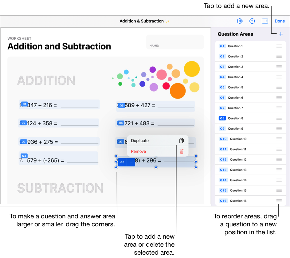 Archivo de evaluación de ejemplo preparado para configurar áreas de preguntas y respuestas. Para ampliar o reducir un área de preguntas y respuestas, arrastra las esquinas. Para añadir otra área o eliminar el área seleccionada, toca Duplicar o Eliminar. Para añadir un área, toca el botón Añadir en las áreas de preguntas. Para cambiar el orden de las áreas, toca y mantén pulsada una pregunta en la lista “Áreas de preguntas” y arrástrala a una nueva posición en la lista.