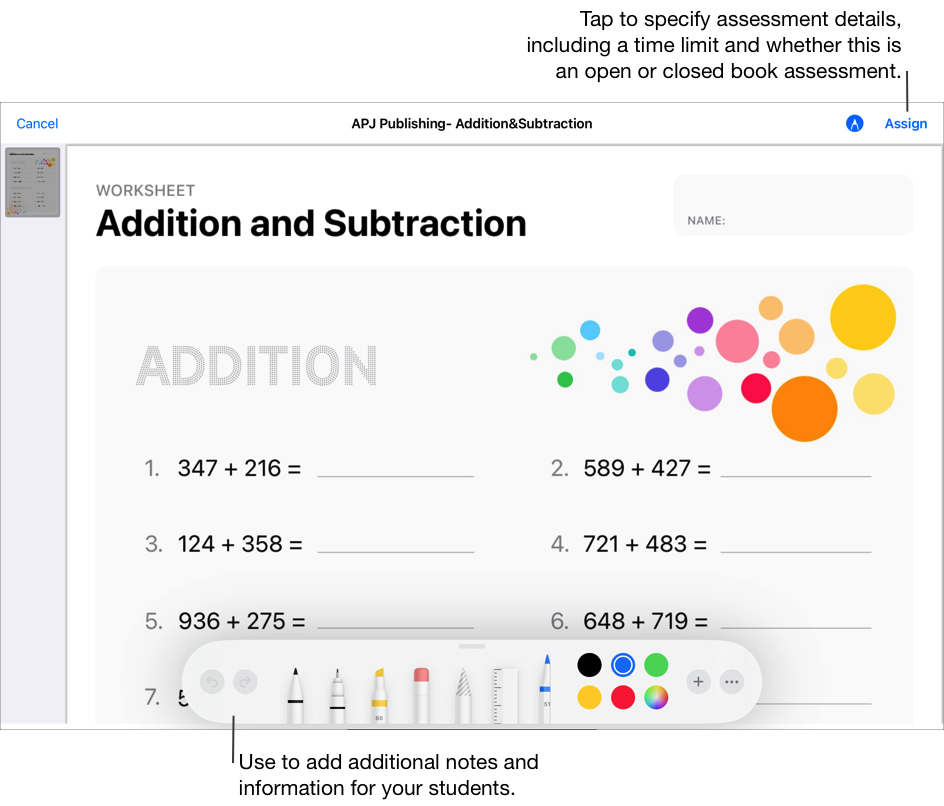 Exemple d’une évaluation prête à être attribuée à vos élèves. Servez‑vous des outils d’annotation pour ajouter des notes ou informations supplémentaires pour vos élèves. Touchez le bouton Plus d’options pour modifier l’évaluation, notamment grâce aux options Rotation à gauche, Rotation à droite ou Insérer une page vierge. Touchez Assigner pour définir des détails concernant l’évaluation, y compris une limite de temps et s’il s’agit d’une évaluation à livre ouvert ou à livre fermé.