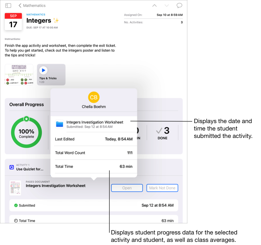Et eksempel på visningen med oppgavedetaljer der popup-panelet med framdriftsdata for den valgte eleven/studenten vises. Popup-panelet viser elevframdriftsinformasjon for den valgte aktiviteten og eleven, samt klassens gjennomsnitt, og dato og klokkeslett for innlevering.