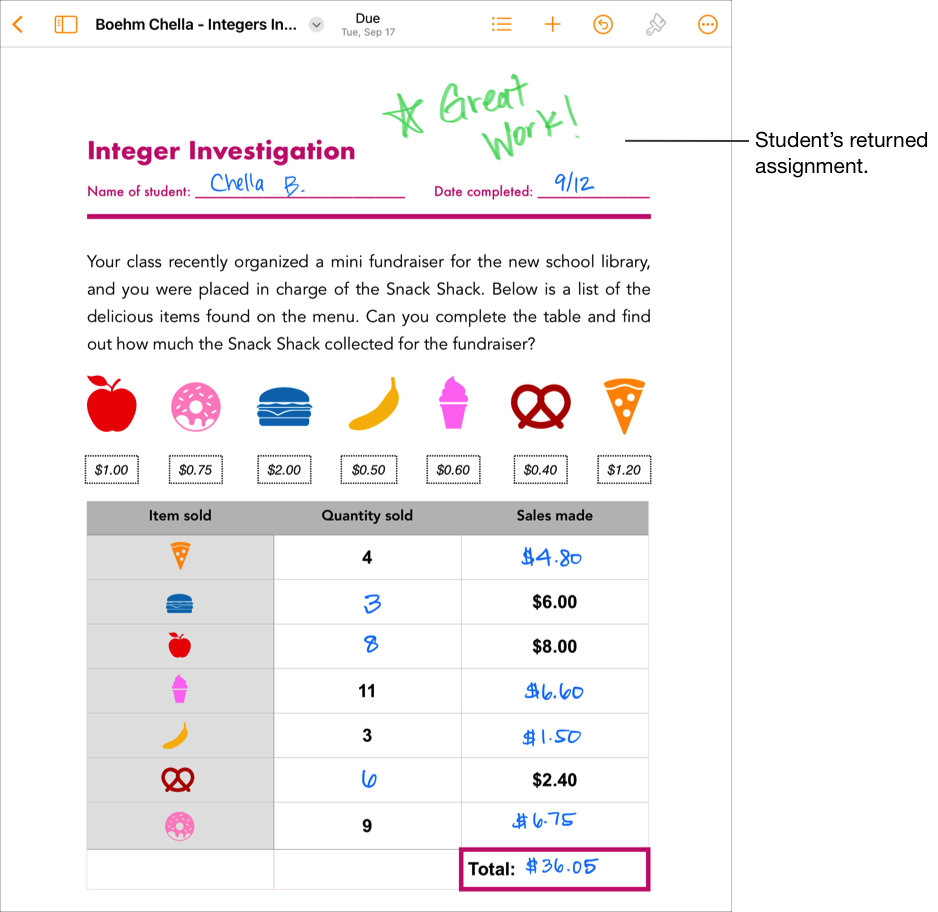 返回给学生的评估文件示例。