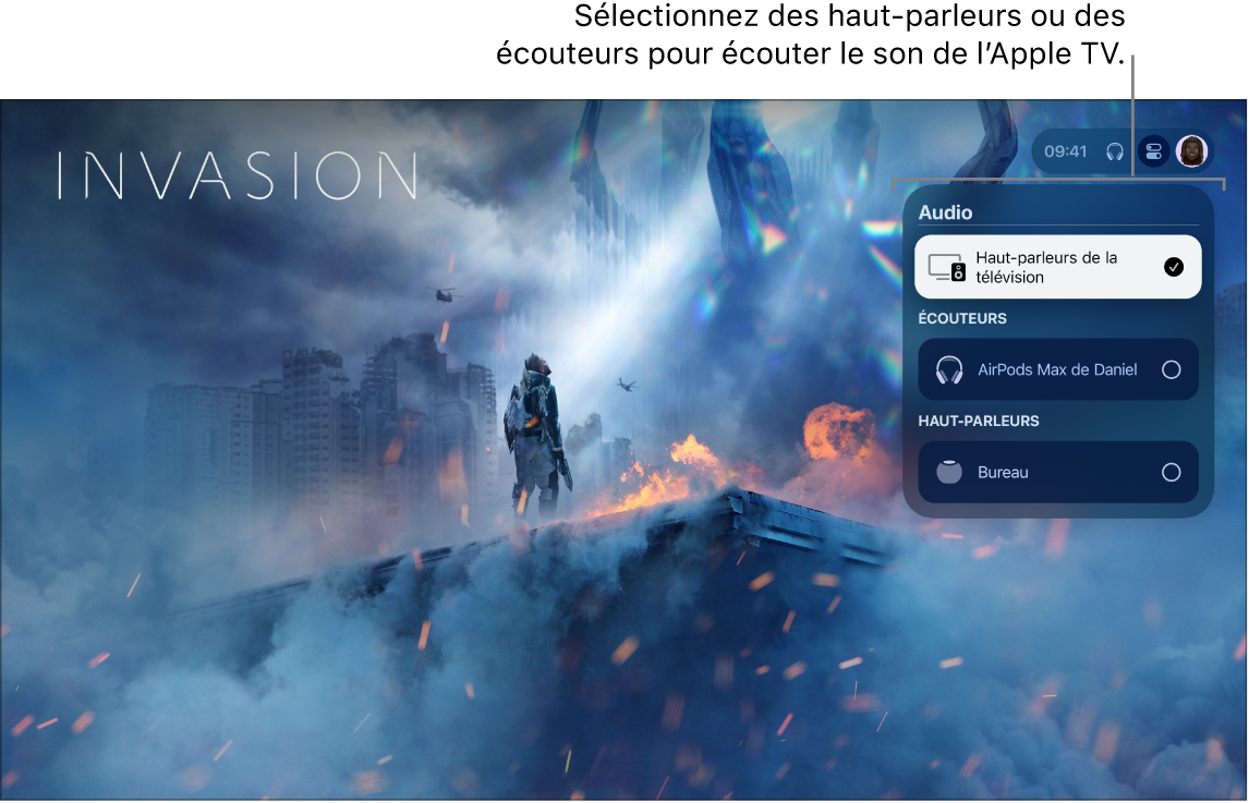 Écran de l’Apple TV qui affiche les commandes audio du centre de contrôle