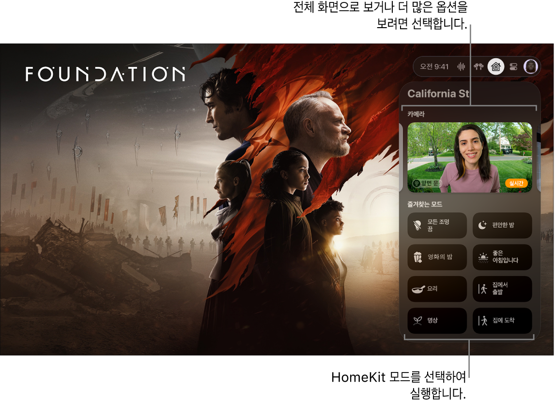 HomeKit 탭이 표시된 Apple TV 화면.