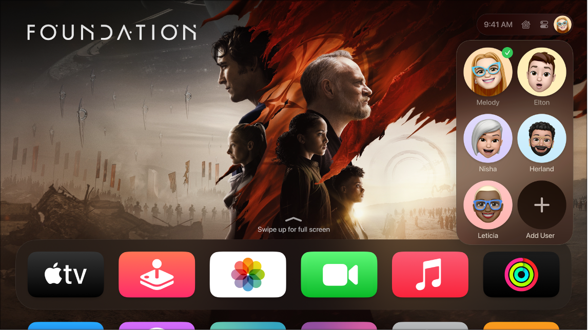 „Apple TV“ ekrane rodomas „Control Center“ skirtukas „Profiles“.