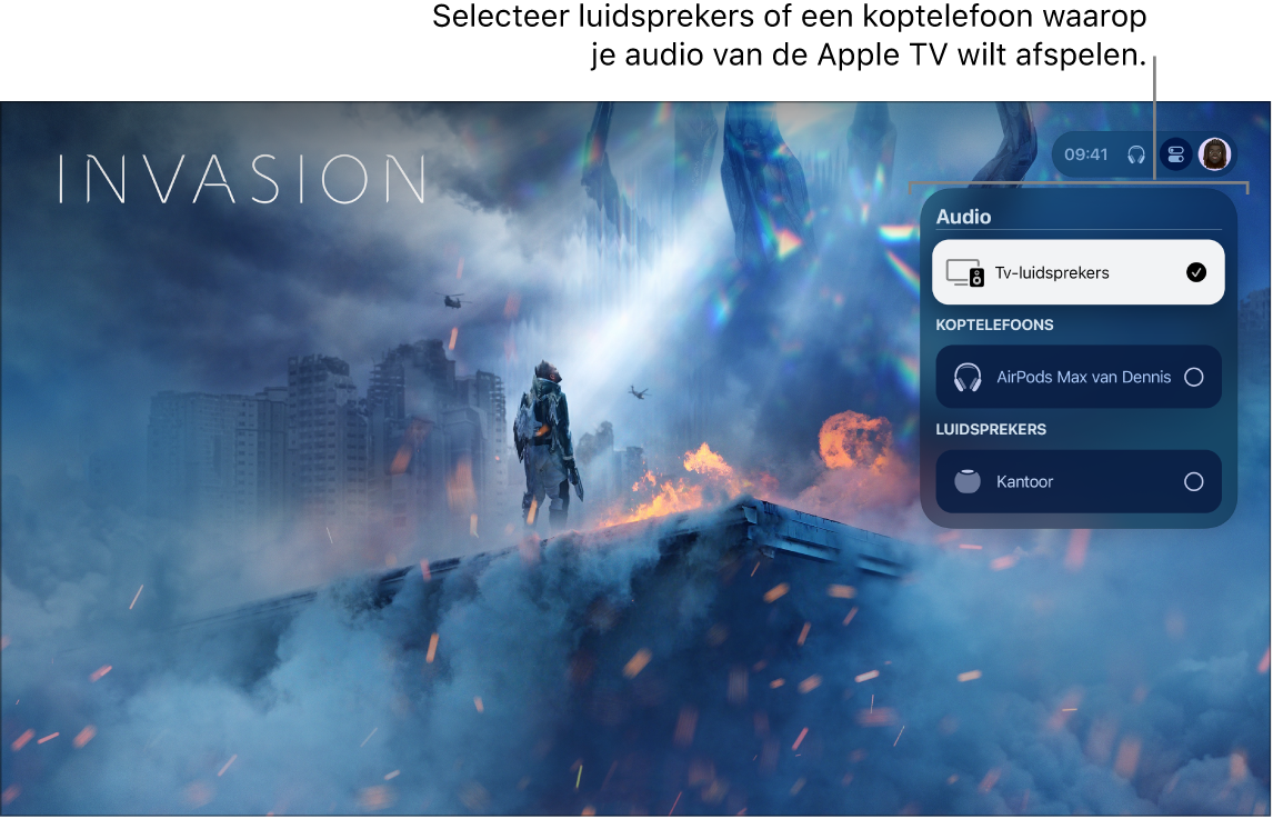 Scherm van Apple TV met het bedieningspaneel met audioregelaars