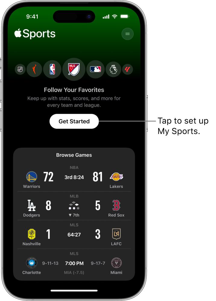 Get started screen in the Apple Sports app