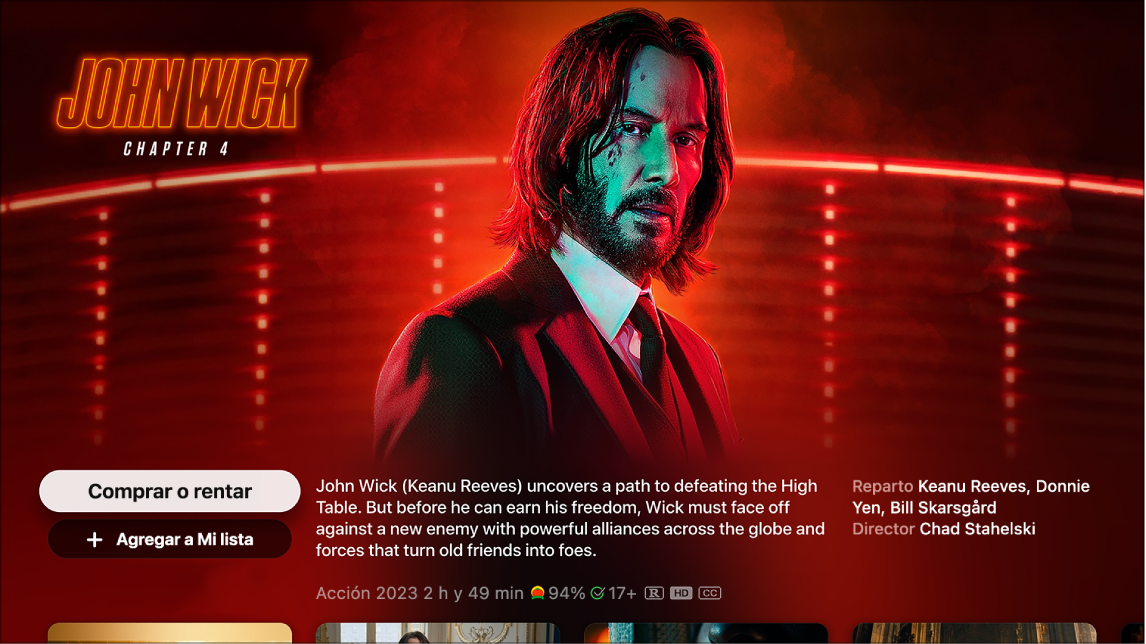 Pantalla de información de una película