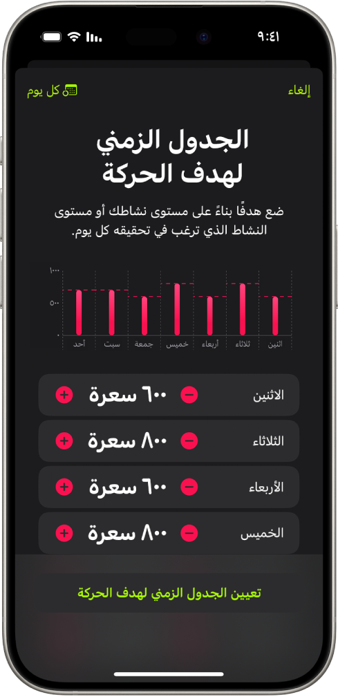 شاشة الجدول الزمني لهدف الحركة في تطبيق اللياقة تعرض أزرارًا لزيادة أو تقليل هدف الحركة حسب يوم الأسبوع.