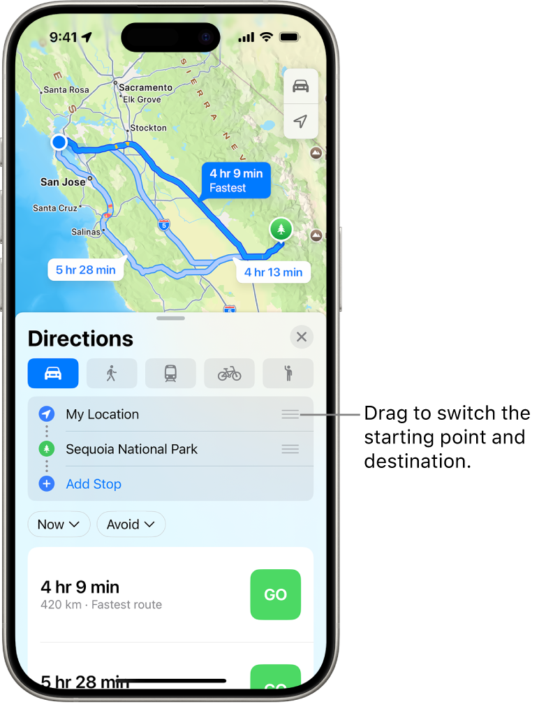 A map with several possible routes for driving directions between My Location and a destination.